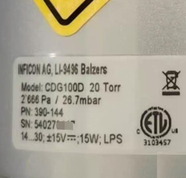 Inficon 390-144 CDG100D Diaphragm Gauge Manometer Part No 390-144Model No CDG100DRange 20 TorrConnector 9-Pin DFitting 8VCR 1 2 CE Marked