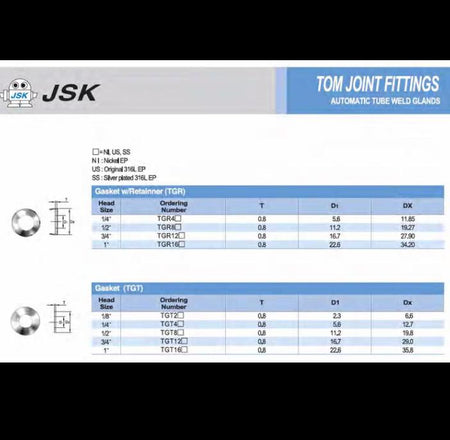 JSK VCR GASKETSTGR4NI TGR4USTGR8NI TGR8USTGR12NI TGR12USTGR16NI TGR16USTGT4NI TGT4USTGT8NI TG84USTGT12NI TGT12USTGT16NI TGT16US