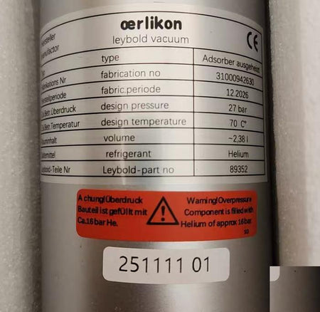 Leybold CoolPak 6000 Replacement Adsorber for Leybold Compressor Model Cool-Pak CACP4000 CACP6000 PN 89352