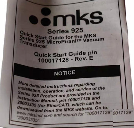 MKS 925-17020 Vacuum Pressure Transducer MicroPirani NW16 ISO-KF EtherCAT 8 12