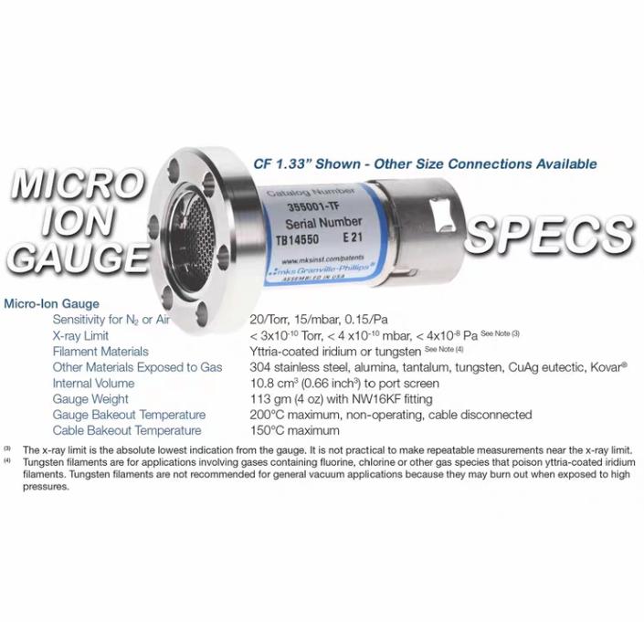 MKS Granville-Phillips 355001-TF355 Micro-Ion Vaccum Gauge Dual Tungsten Filament CF 1 33 in UHV Range 8 10 5300 1 13 4690RMB
