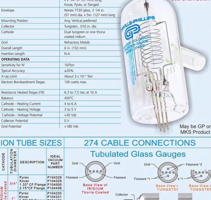 MKS Granville-Phillips 274013 3 4 KOVAR Dual Tungsten Filaments Bayard-Alpert 3 4 in Kovar Metal Glass Ion Pressure Gauge Tube 24 2950 1 13 2611RMB