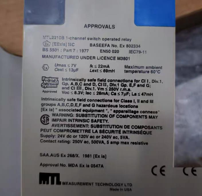 MTL 2210B 1-channel switch operated relay MTL2210B 24V 120V 240V