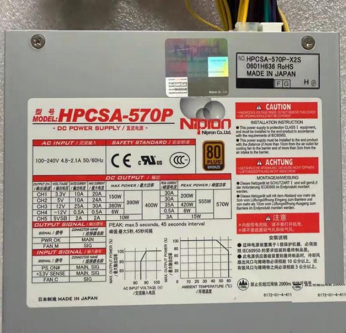 Nipron HPCSA-570P 570W 80PLUS BRONZE 100-240V 5V 10A 12V 25A -12V 0 5A 5VSB 2A 48V