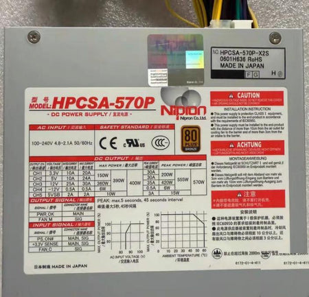 Nipron HPCSA-570P 570W 80PLUS BRONZE 100-240V 5V 10A 12V 25A -12V 0 5A 5VSB 2A 48V