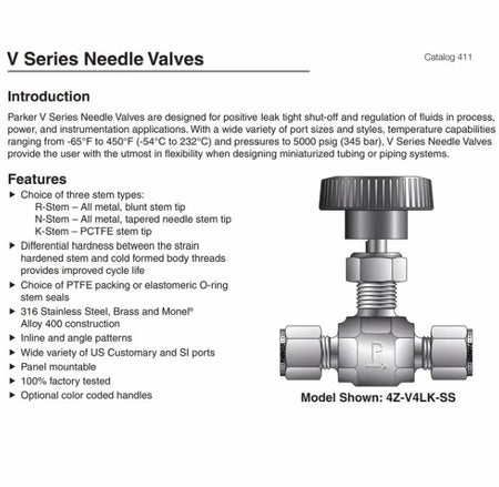 PARKER 4A-V4LN-SS 1 4 4A 1 4 two ferrule compressionV4L Handle Size Flow PatternN All metal tapered needle srem tip similar to Swagelok regulating stem 8 0 37 Cv 1 4 in SS-1RS4 1132RMB