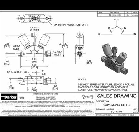 Parker 45700163 930Y2NC NCFSFFFB 1 Ultra-High Purity UHP Low Flow Pressure Diaphragm Valve Manifold 930Y Series 1 4 Face Seal Female