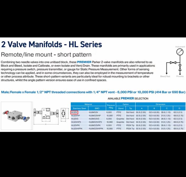 Parker LS2V 4 PARKER HLS2V MANIFOLD VALVEdesigned for general gaseous and fluid applications featuring 6 000 PSI max pressure 316 stainless steel construction and 1 2 1 4 FNPT port sizes Suitable for temperatures ranging from 54 260 C