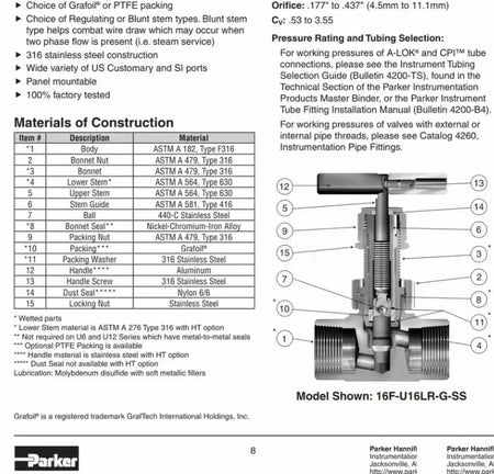 Parker M16X3BW-U12LB-G-SS-HT 16mm Tube Butt Weld -G Grafoil™ Packing for 700ºF Temperature capability -HT High Temperature for 1200ºF Temperature capability Grafoil® packing with HT option -65 F to 1200 F -54 C to 649 C