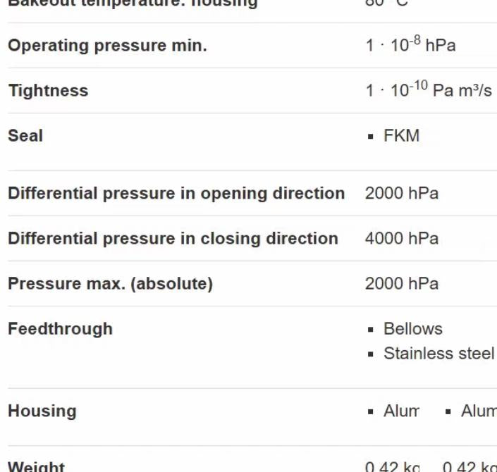 Pfeiffer PFA41003 14 AVC 025 SA angle valveQuick opening by partly turning the rotary knobBellows-sealedWith visual indication of open and closed positionsService life 10 000 operating cyclesThe valve must always be fully opened closed locked