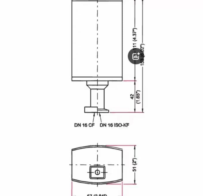 Pfeiffer PTR26504 IMR 265 Flange size DN 16 ISO-KF The maximum pressure applies to inert gases and temperatures below 55 C Two gauge heads Pirani and hot cathode in a single case High measurement accuracy Automatic cathode protection Corrosion resistant