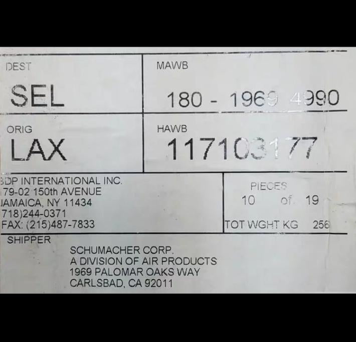 SCHUMACHER EMPTY 19115 T729359MODEL NO BK12000USP 316LFILLED WITH 2-5 psig HE