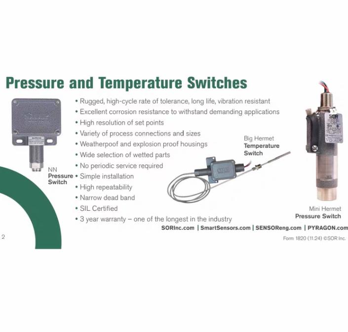 SOR 6P3-K45-MMTTX Static O Ring Pressure Switch 25 - 275 PSI 6 8