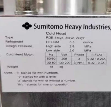Sumitomo RDE-412D4 4K The RDE-412D4 two-stage Gifford-McMahon Cryocooler is one of SHI s mid-capacity 4K Cryocoolers with a second-stage capacity of 1 25 W 4 2 K 50 60 Hz