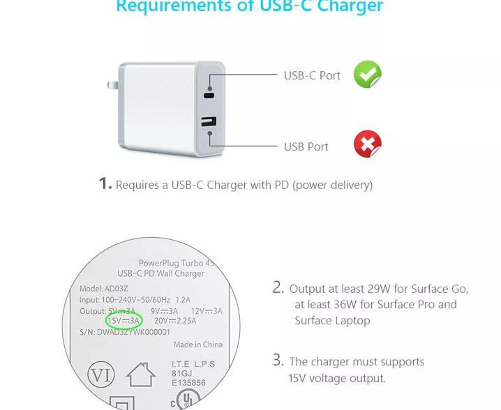 USB C PD Charging Connector Power Adapter Cable for Microsoft Surface Pro 3 4 5