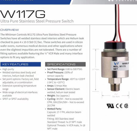 Whitman W117G-5H-K12L36-X3005 Whitman Controls W117G-5H-K12L36-X3005 Ultra-Pure Stainless-Steel Pressure Switch