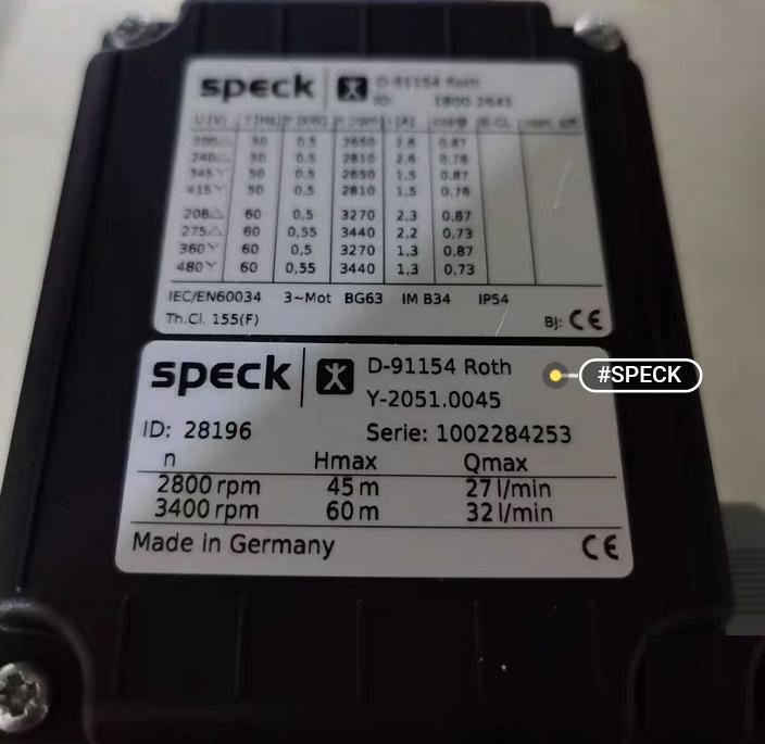 speck D-91154 Roth Y-2051 0045 200-480V 45 60 27 32 2800 3400 CE 3