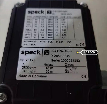 speck D-91154 Roth Y-2051 0045 200-480V 45 60 27 32 2800 3400 CE 3